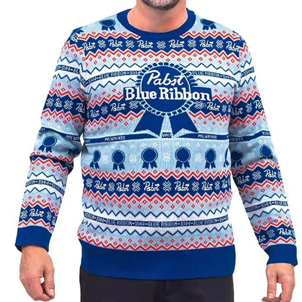 Pabst Blue Ribbon Ugly Christmas Sweater Men’s Size Large Knit Beer